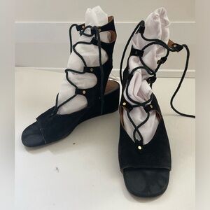 Chloe black suede lace up gladiator wedge sandal 38 1/2 8.5